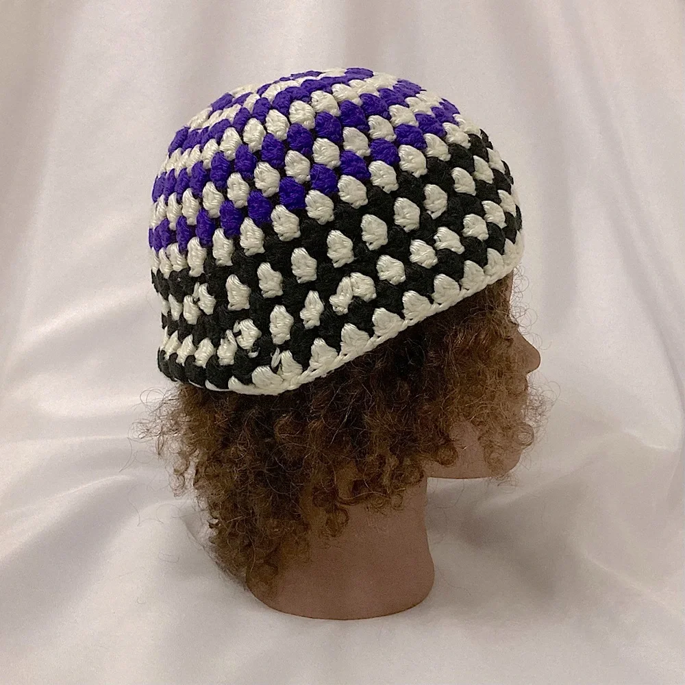 ⭐️ Vintage Hand Knit Beanie Purple Black And White Striped Winter Hat